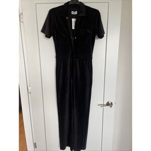 $425 Rivet Utility Worker Short Sleeve Knit Cord Jumpsuit in Black Size Small